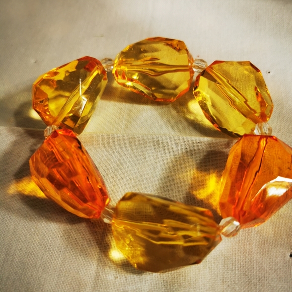 Big Yellow and Orange Plastic Gemstones Stretch Statement Bracelet - Picture 13 of 13